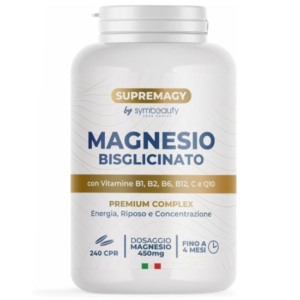Flacone bianco Supremagy Magnesio Bisglicinato 450mg con vitamine B1, B2, B6, B12 e CoQ10, 240 compresse per energia, riposo e concentrazione.