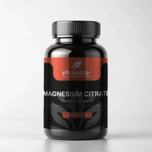 Flacone nero VitalHarmony Magnesium Citrate, integratore alimentare da 90 capsule per supporto muscolare e benessere generale.