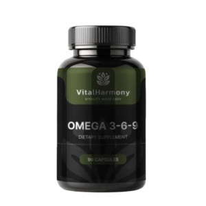 Flacone di Vh Nutra Omega 3 6 9, integratore alimentare con acidi grassi Omega 3, Omega 6 e Omega 9, confezione da 90 capsule.