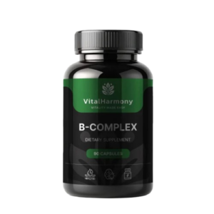Flacone di VitalHarmony B Complex, integratore alimentare con vitamine del gruppo B, confezione da 90 capsule.