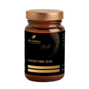 Flacone di VH.Nutra Gold Coenzyme Q10, integratore alimentare con Coenzima Q10, confezione da 30 capsule.