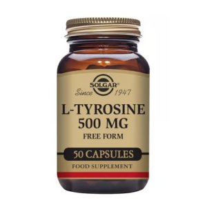 Flacone in vetro ambrato Solgar L-Tirosina 500 mg, 50 capsule in forma libera per supporto mentale e concentrazione.