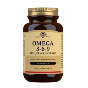 Flacone di integratore Solgar Omega 3-6-9 con olio di pesce, lino e borragine, 60 softgel.