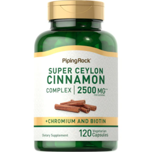 Flacone di integratore PipingRock Super Ceylon Cannella Complex 2500 mg con cromo e biotina, 120 capsule vegetariane per supporto metabolismo e glicemia.