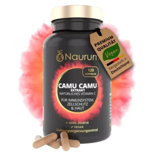 Flacone di integratore Naurum Camu Camu Extract con vitamina C naturale, 120 capsule vegane, supporto per sistema immunitario e pelle.