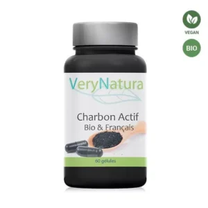 Flacone di integratore VeryNatura Charbon Actif Bio & Français, 60 capsule di carbone attivo, prodotto vegano e biologico per il benessere digestivo.