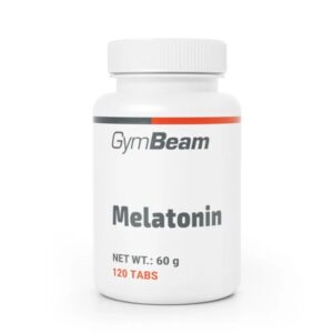 Flacone bianco di integratore GymBeam Melatonina con 120 compresse, utile per il sonno.